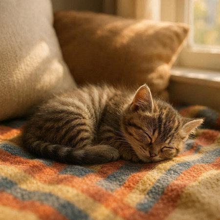 Cute tabby kitten sleeping on plaid blanket at home.の写真素材