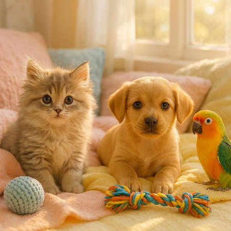 Cute cat and dog playing with toy parrot on the bedの写真素材