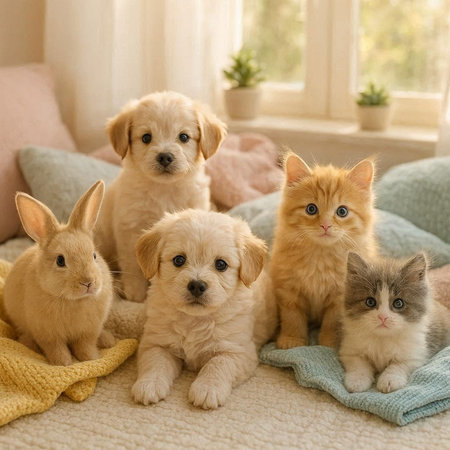 Cute little dogs and cats on bed at home. Pet care conceptの写真素材