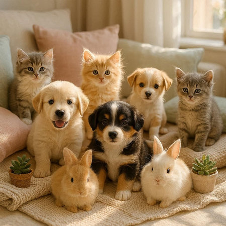 Group of cute little kittens, dog, bunny and puppy sitting together at home