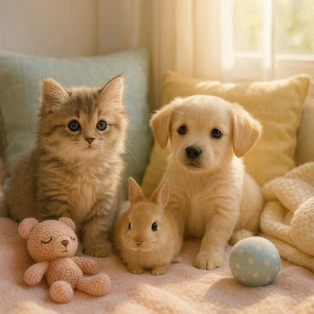 Cute cat, dog and puppy with easter eggs at homeの写真素材