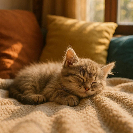 Cute tabby kitten sleeping on a soft blanket at home.