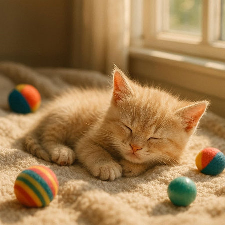 Cute ginger kitten sleeping on carpet with colorful balls at home.