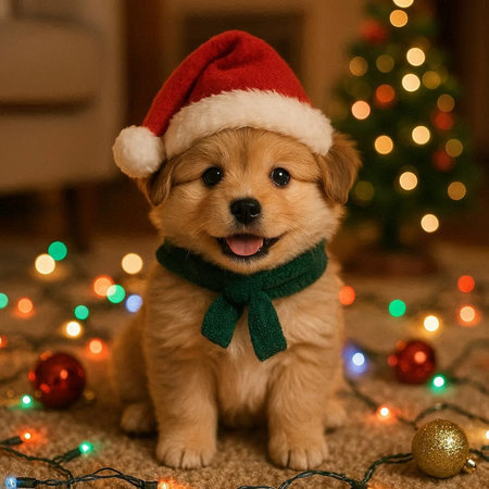Cute puppy in santa hat and scarf on background of Christmas treeの写真素材