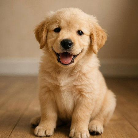 Cute Golden Retriever puppy sitting on the floor at homeの写真素材