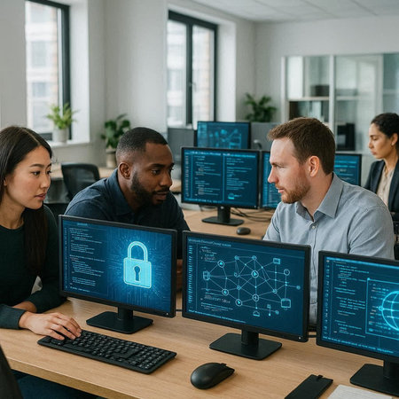 multiethnic team of software developers working on computer screens in office