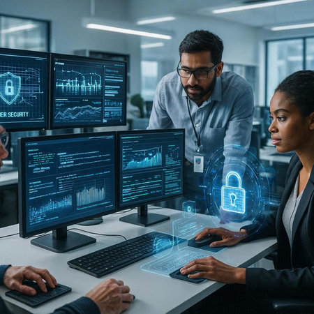 Programmers working on computers in modern office. Security and safety concept