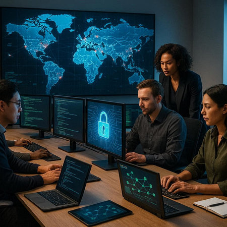 Group of business people using computers with world map and padlock on the screen. Cyber security...