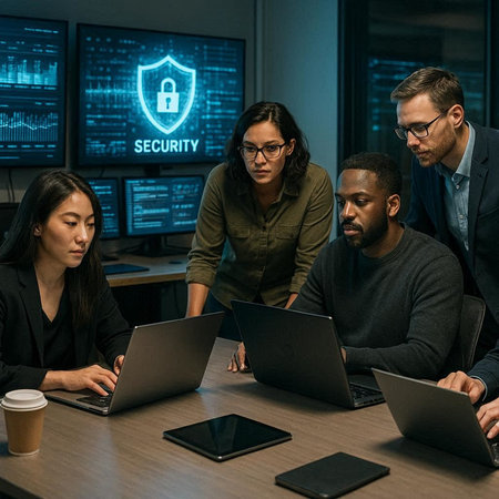 Group of business people working on laptop computer in modern office. Security concept.