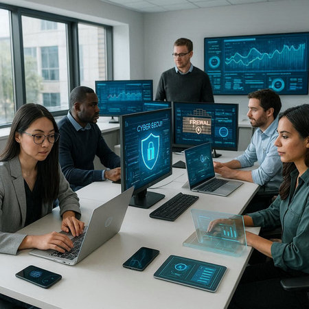 multiethnic businesspeople using computers and screens with data on screens in office