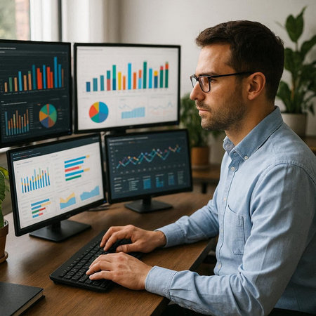 Side view of concentrated young businessman in eyeglasses working on computer monitors in office