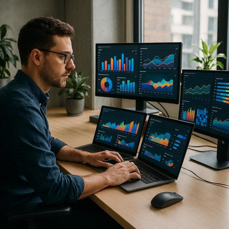 side view of trader using laptop with charts on screens at workplace in office