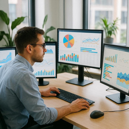 rear view of businessman in eyeglasses working with computer in office