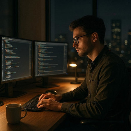Handsome young programmer working on computer at night in dark office