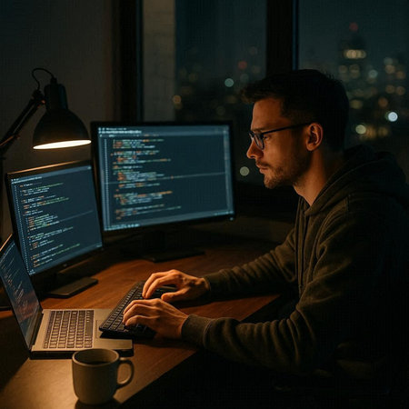 Side view of a male programmer working on a computer at night.