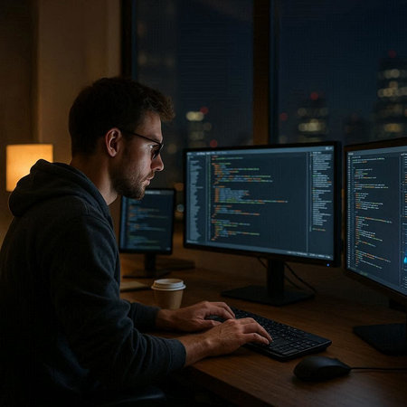 Side view of a computer hacker working late at night in a dark room