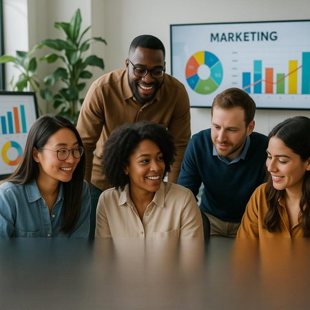 Smiling multiethnic business team looking at camera during meeting in office