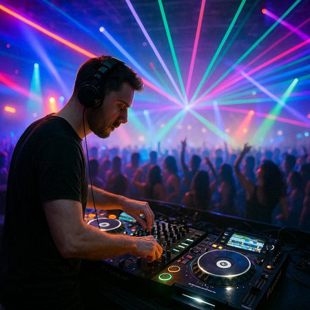 DJ playing music at a nightclub party in front of a crowd of people