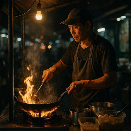 Asian man cooking in a wok at night market in Bangkok, Thailand