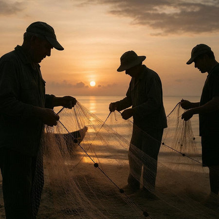 Fishermen casting nets on the beach at sunset in Thailand.