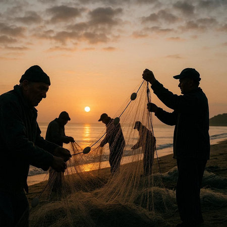 Fishermen are fishing on the beach at sunrise in the morning.