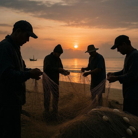 Fishermen on the beach with fishing nets at sunset in Thailand