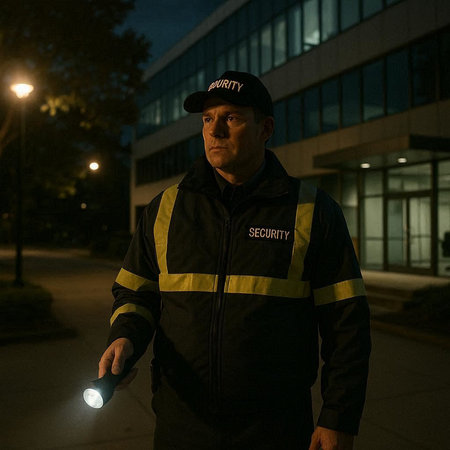 Police officer with flashlight at night in front of the building. Selective focus.