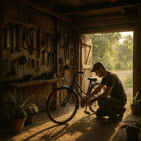 Worker repairing bicycle in garage at morning time, vintage color tone