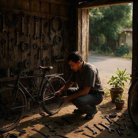 Thai craftsman repairing a bicycle in his workshop, Thailand.
