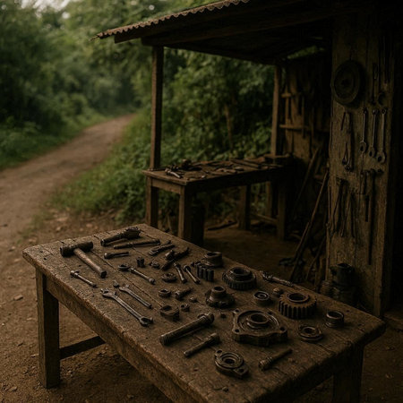 Old tools on a wooden bench in a rural setting. Selective focus.