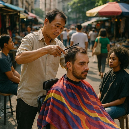 Unidentified Thai man is getting haircut by hairdresser in Bangkok.