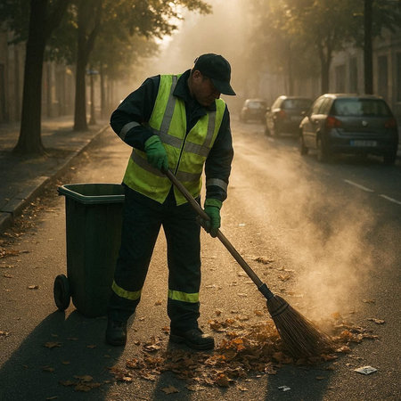 A man in a protective suit and a cap cleans the street with a broom