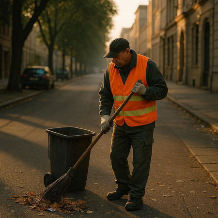 Cleaning the street. A man cleans the sidewalk from fallen leaves.