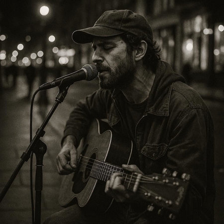 Street musician playing an acoustic guitar in the night city. Black and white photo.