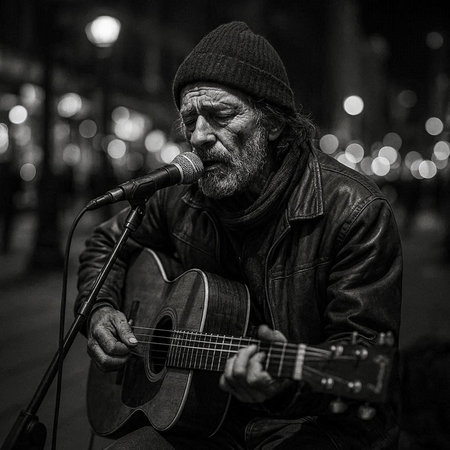 Street musician playing guitar in Amsterdam