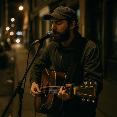 Handsome man playing the guitar on the street at night.