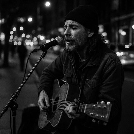 Street musician playing guitar in the night city. Black and white photo.