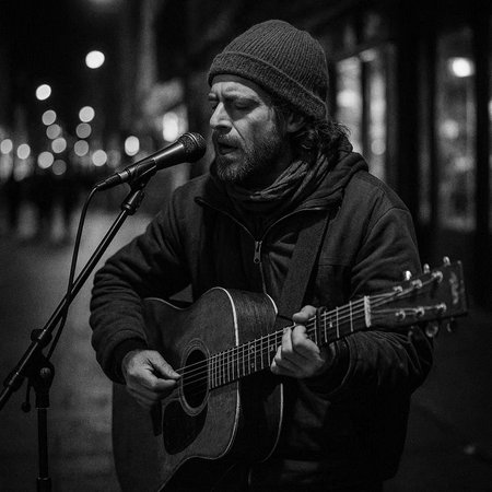Street musician playing guitar at night in Zagreb, Croatia.
