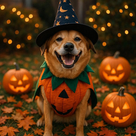 Cute dog in halloween costume and hat with pumpkins