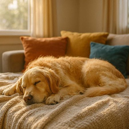 Cute Golden Retriever Resting on Sofa at Home