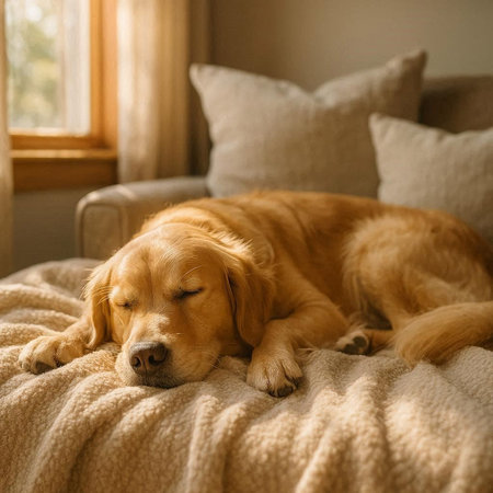 Cute Golden Retriever lying on the bed at home.