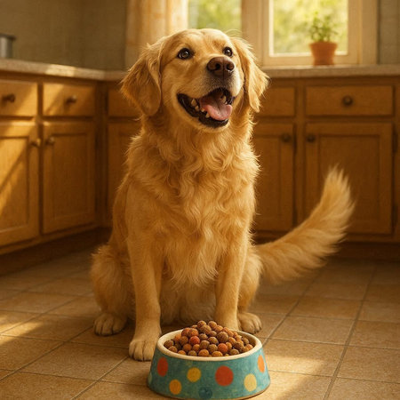 Golden Retriever dog with bowl of dry food in the kitchen