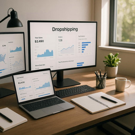 Businessman working on computer network graphic overlay on desk in office.