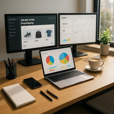Graphic design website on computer screen. Workplace in office.