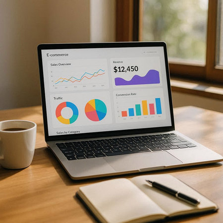 Laptop with financial report on the screen. All screen graphics are made up.