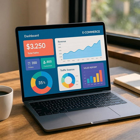 Laptop screen displaying a business analysis concept. All screen graphics are made up.