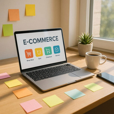 E-COMMERCE CONCEPT ON Laptop Screen with Notes