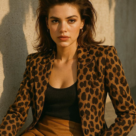 Fashionable young brunette woman in leopard coat and trousers