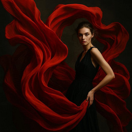 Fashion portrait of a beautiful young woman in black dress with red clothの写真素材
