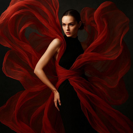 Fashion portrait of young beautiful woman with red cloth on black backgroundの写真素材
